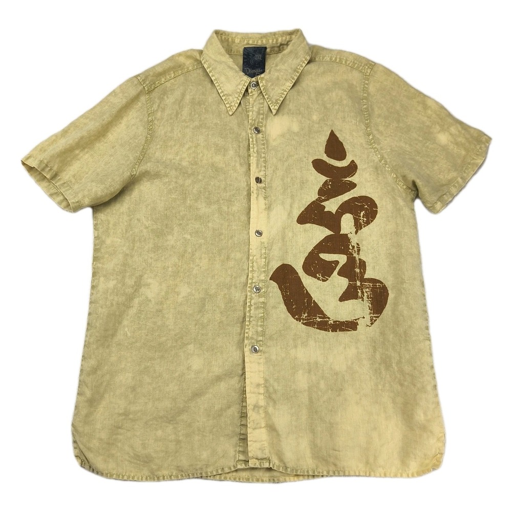 Division E Mens 2XL Linen Graphic Button Up Shirt Buddha‎ Tan Short Sleeve